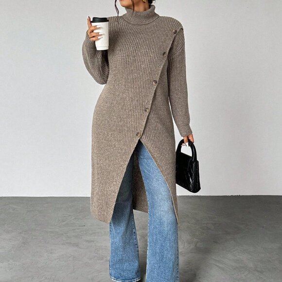 Khaki Asymmetrical Women's Plus Size Mid-Length Sweater - Picture 3 of 6